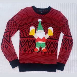 Men Small Carbon Ugly Sweater - Christmas Santa with Beer Drunk Santa